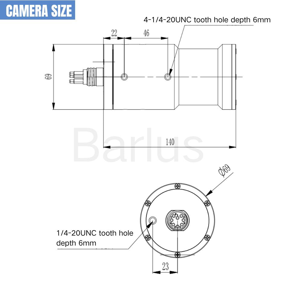 Showing deep sea underwater light dimensions and mounting hole details.
Diameter: 69mm
Length: 140mm
Mounting screw hole size: 4-1/4-20UNC tooth hole depth 6mm